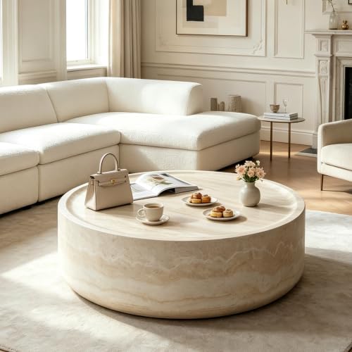 35.43" Modern Round Faux Marble Table (35.43"x12") | Concrete Coffee Table, Travertine Accent Table, Stone Coffee Table, Living Room Furniture, Mars Pattern, No Need Assembly - color: Mars, 35.43",round