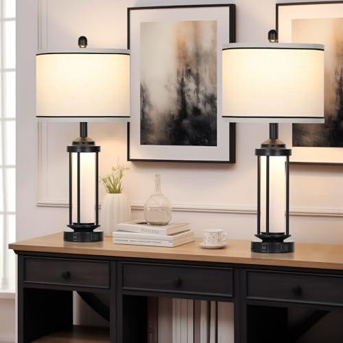 Rinweey Table Lamps Set of 2, Black Farmhouse Rustic Industrial Table Lamp with USB A+C Ports & AC Outlet, 26" Modern Bedside Lamps with LED Night Light & Linen Fabric Lampshade, Lamps for Bedroom - color: Black-5