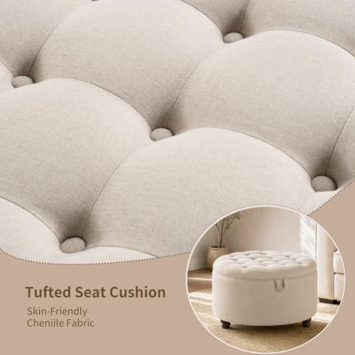 30" Round Storage Ottoman Coffee Table, Tufted Lid & Wood Top, Khaki | Nailhead Trim Solid Wood Legs Extra Large Footrest Linen-Like Fabric - color: Khaki
