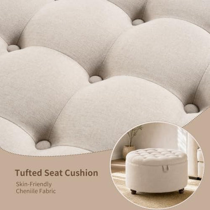 30" Round Storage Ottoman Coffee Table, Tufted Lid & Wood Top, Khaki | Nailhead Trim Solid Wood Legs Extra Large Footrest Linen-Like Fabric - color: Khaki