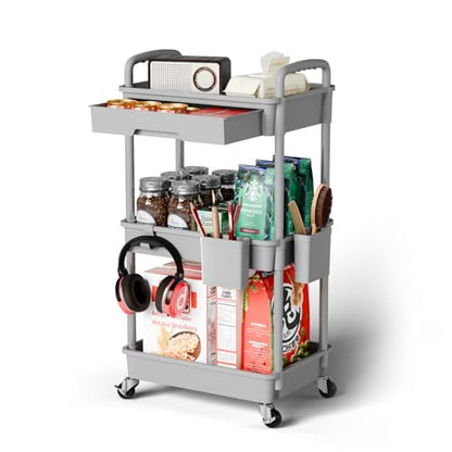 Sorgion 3 Tier Rolling Cart Organizer,Laundry Room Bathroom Organizers and Storage Office Shelves Mobile Shelving Unit Kitchen Trolley Cart with Wheels for Art,Craft,Diaper,Bedside,Snack(Grey) - size: 3Tier-Grey