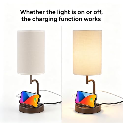 Dreamholder 2 Pack Table Lamp, Bedside Lamp with 3 USB Charging Ports & AC Outlet, USB Desk Lamp with 2 Phone Holders, Linen Fabric Shade Nightstand Lamps for Bedroom Living Room Office, Coffee Brown - color: Coffee Brown