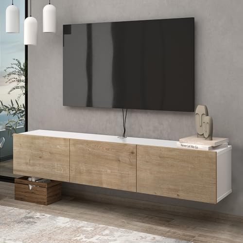 Atelier Mobili Oak TV Console, Wall Mounted TV Stand for Up to 75 Inch TV, Entertainment Center with Floating Shelf - color: Sapphire Oak & White