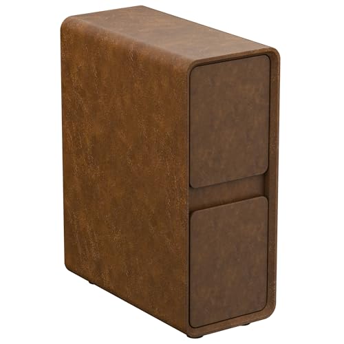 7.8" W Faux Leather Narrow Nightstand, Modern Fully-Assembled Bedside Table with 2 Drawers, Wood Night Stand Small Accent End Table & Side Table for Bedroom, Brown - color: Brown, size: 8in