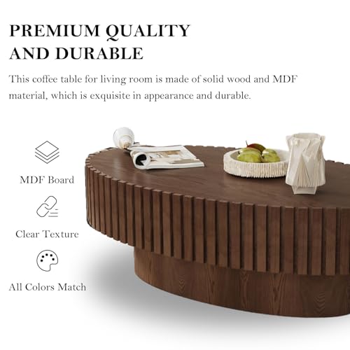 Oval Fluted Drum Coffee Table with Pedestal Base | 43.3'' Modern Brown Wooden Drum Center Table, Handcrafted Solid Wood Fluted Edge, For Living Room & Apartment - color: Oval Brown