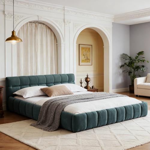 Chenille Fabric Upholstered Platform Bed Frame with Soft Headboard, Modern Low Profile Grounded Design, No Box Spring Needed, Sturdy MDF & Wood Frame, Neutral Style (Blue green, Queen (U.S. Standard)) - color: Blue Green, size: Queen (U.S. Standard)