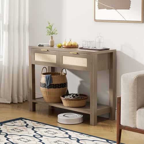 Boho Chic Console Table with 2 Rattan Drawers and Open Shelf Storage, Narrow Farmhouse Sofa Table for Small Space Entryway, Living Room,Hallway, Caramel Oak - color: Caramel Oak