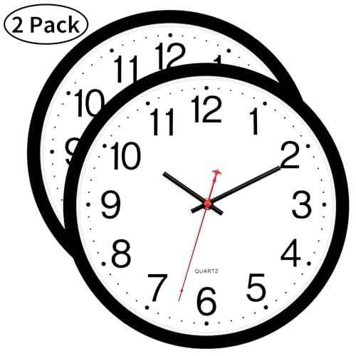 Foxtop 2 Pack Black Wall Clock, 12 Inch Silent Non Ticking Quartz Battery Operated Round Analog Wall Clock for Classroom School Office Living Room Bedroom Home - color: Black, size: 12 Inch - 2 Clocks