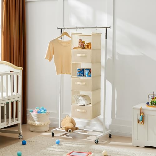 MAX Houser 6 Tier Shelf Hanging Closet Organizer, Closet Hanging Shelf with 2 Sturdy Hooks for Storage, Foldable (Beige-D3) | foldable lightweight fabric space-saving design for Bedroom, Closet Hanging Shelf for Storage with Removable Drawers - color: Bei