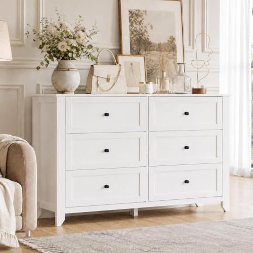 GarveeHome White 6 Drawer Dresser for Bedroom | Simply Modern Chest of Drawers, Wood Storage Double Dresser with Deep Drawers for Living Room, Hallway Entryway - color: White, size: 15.8"D x 54"W x 31.5"H (6 Drawers)