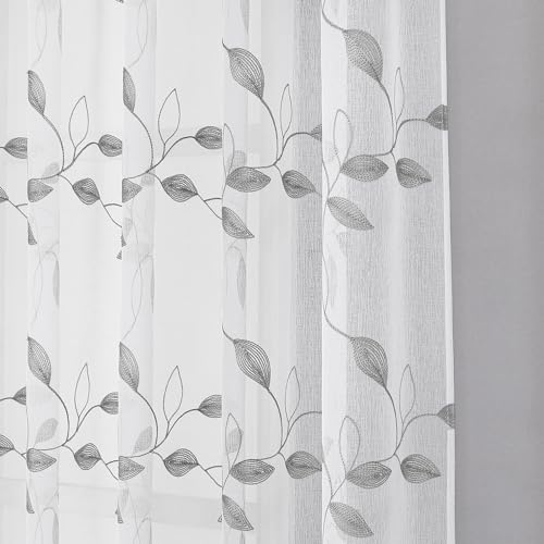 Tollpiz Grey Leaf Sheer Curtains Leaves Embroidered Bedroom Curtain Rod Pocket Voile Window Treatment for Living Room, 54 x 84 inches Long, Set of 2 Panels | Leaves Embroidered Curtain Rod Pocket Voile Window Treatment for Living Room, Set of 2 Panels - c