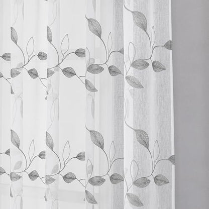 Tollpiz Grey Leaf Sheer Tier Curtain Kitchen 30 x 36 Inches | Leaves Embroidered Curtains Rod Pocket Voile Bathroom Window Treatment for Cafe, Set of 2 Panels - color: Grey, size: 30"W x 36"L (Pack of 2)