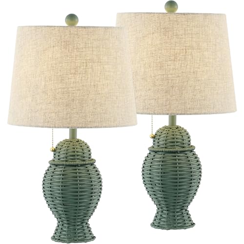 JONATHAN Y 20.5" Wicker Table Lamp, Green with Beige Shade, Set of 2 | Margie Bohemian Rustic Farmhouse Coastal Urn Rattan Metal, Pull Chain Switch, Linen, LED Bulbs Included - color: Green