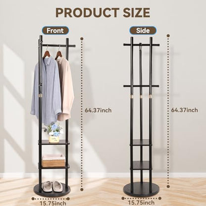 Wood Coat Rack Freestanding Rotary Coat tree with 3 Shelves and 5 Hooks | 4 Swivel Wheels Heavy Duty Clothing Rack Coat Hanger Stand for Corner Entryways Living Rooms and Bedrooms, Black