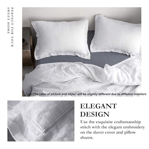 Simple&Opulence 100% Linen Duvet Cover Set with Embroidery Border Washed - 2 Pieces (1 Duvet Cover & 1 Pillow Sham) with Button Closure Soft Breathable Farmhouse - White, Twin Size - color: White, size: Twin
