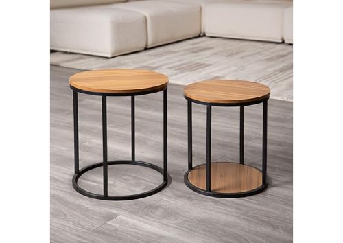 Penau Contemporary Nesting Side Tables, Metal Frame with Natural Solid Wood Tops, Space Saving Stackable Design, Set of 2, 15.5 x 15.5 x 17.5 Inchs, Black and Natural