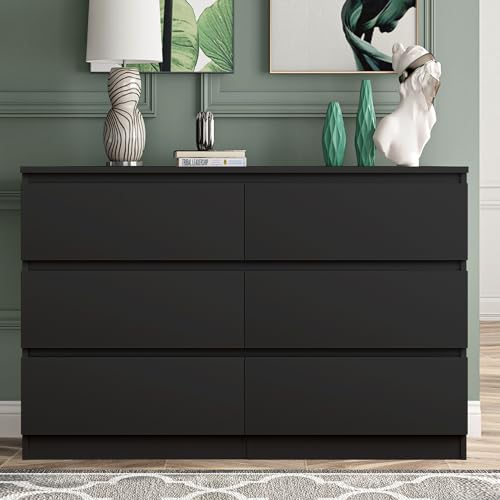 Vibe & Dine 6 Drawer Double Dresser, Modern Chest of Drawers with Wide Storage for Closet, Bedroom, Living Room, Black - color: Black, size: 15.8"D x 47.2"W x 28"H (6 Drawers)