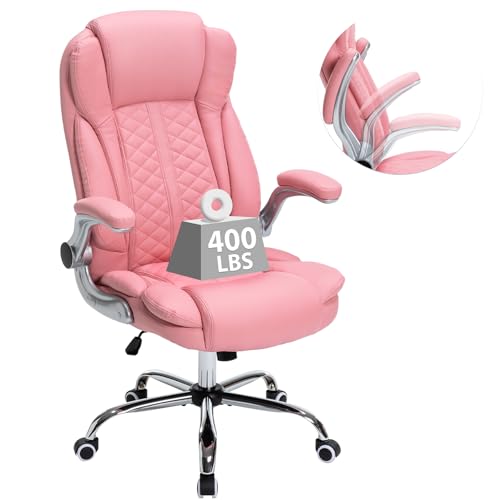400lbs Executive Office Chair with Flip-Up Armrests, Big and Tall Computer Chair for Heavy People, Heavy Duty Ergonomic Comfy Chair, Breathable PU Leather (Pink) - color: Pink