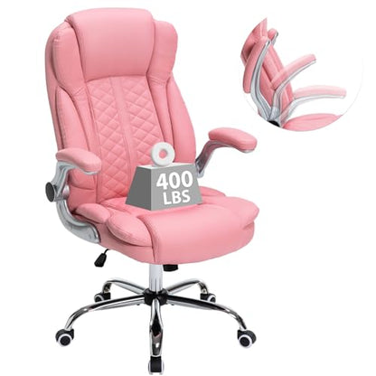 400lbs Executive Office Chair with Flip-Up Armrests, Big and Tall Computer Chair for Heavy People, Heavy Duty Ergonomic Comfy Chair, Breathable PU Leather (Pink) - color: Pink