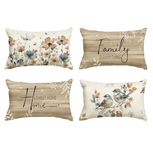 AVOIN colorlife Chinoiserie Poppy Flowers 12x20 Inch Pillow Covers Set of 4 | Chickadee Home Sweet Home Floral Seasonal Autumn Harvest Decoration for Sofa Couch Farmhouse Living Room Decor - size: 20" x 12" (Pack of 4)