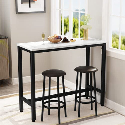 AWQM 47.2" Bar Table Set of 2,Faux Marble Pub Height Table and Chairs Set of 2 with Upholstered Stools,3 Piece Bar Table and Chairs Set Dining Table Set for Living Room,Kitchen,Bar,White & Brown - style: Modern 47.2"