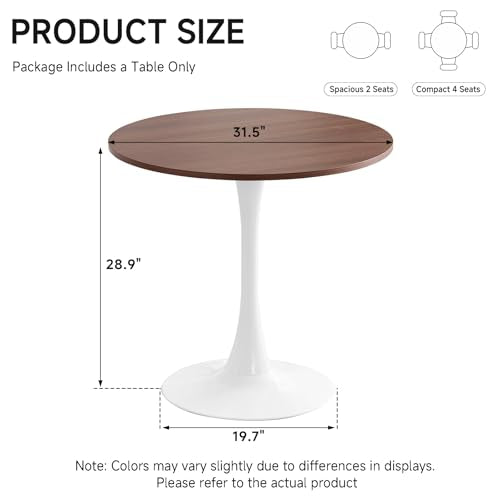 31.5" Small Round Dining Table for 2, [Sturdy Metal Tulip Base] Modern Circle Kitchen Table, for Dining Room Apartment Office Space Saving - color: Brown With White Base, size: 31.5"