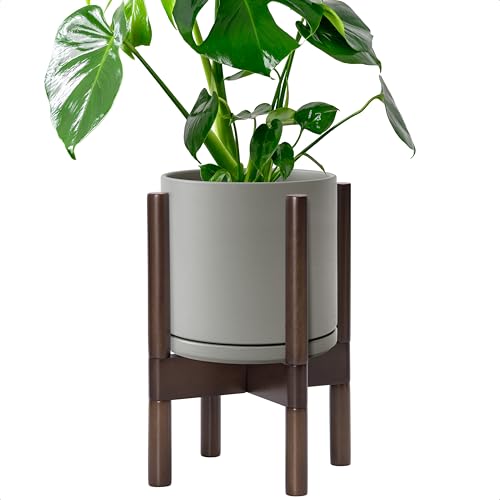 D'vine Dev Ceramic Pot with Walnut Wood Stand, Grey, 8 in, 55-B-Y-3 | Mid-Century Modern Design, Raised Plant Display, Solid Beech Wood Stand, Premium Craftsmanship, Sophisticated Home Decor - color: Grey Pot + Walnut Color Stand, size: 8 Inch