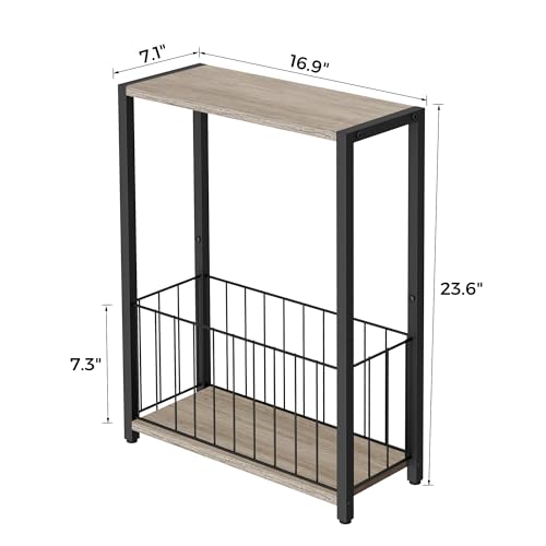 Homleke Narrow Side Table with Magazine Holder, Skinny End Table | Space-Saving Design, Small Spaces, Storage Shelf, Metal Frame, Easy Assembly, 7.1" D x 16.9" W x 23.6" H, Greige - color: Greige - Standard