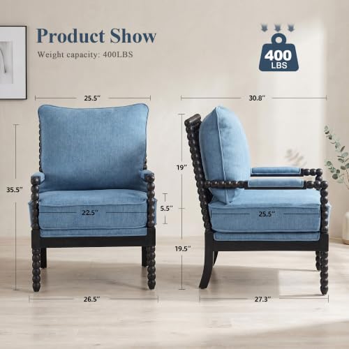 DUHOME Linen Fabric Spindle Accent Chair with Wood Frame,Modern Accent Spool Chairs with Padded Spring Seat and Brushed Blue Base for Living Room Bedroom Farmhouse Home Office Belcony - color: Black+blue, size: 1 pc