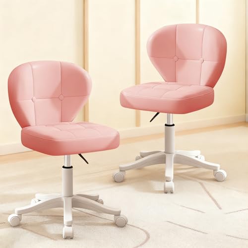 Small Office Chair with Lumbar Support, PU Leather Armless Swivel Desk Chair Adjustable Height, Compact Rolling Chair for Home Office, Bedroom, Study Pink Set of 2 - color: Pink, size: Set of 2