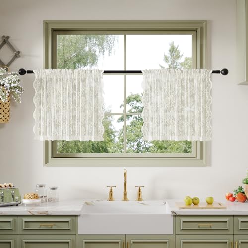 Anmao Vintage Lace Kitchen Curtains 24 Inches Long 2 Panels, Romantic Semi Sheer Floral Over Sink Lacy Cafe Curtain, Elegant Window Short Small Drapes, 55W x 24L, Ivory White - color: Ivory White Plum, size: 55"W x 24"L (Pack of 2)