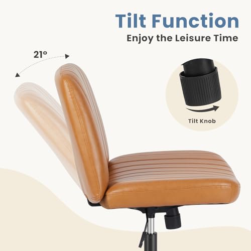 DUMOS Criss Cross Chair No Wheels, Wide Seat Cross Legged Office Desk Vanity Chair, Faux Leather Armless Height Adjustable Swivel Task Computer Chairs for Home, Study, Brown PU - color: Brown Pu