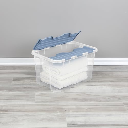 SteriliteHinged Lid Storage Box Plastic Container, 60 Quart, 6 Pack | Washed Blue - Home Organizer Tote for Storing Shoes, Crafts, Clothing, or Decor - size: 60 Quart