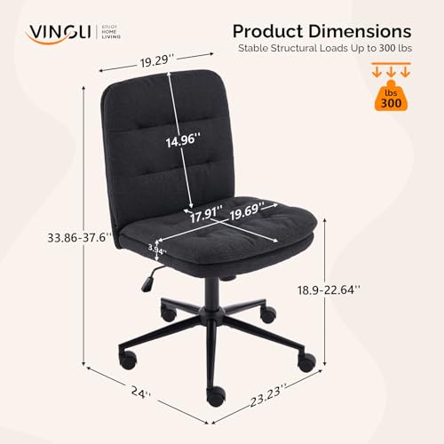 VINGLI Mid Back Armless Office Desk Chair with Wheels/no Wheels,360°Rocking Swivel Vanity Chair with Thickened Cushion,Adjustable Height Rolling for Reading Room, Make up, Linen Black - color: Black