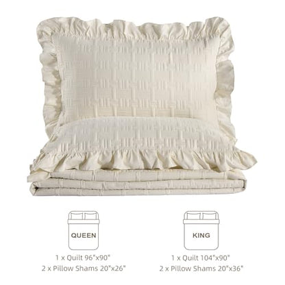 DJY Queen Size Quilt Sets, Lightweight Ruffled Bedding Sets, Beige | Soft Basket Weave Quilted Blanket, Summer Quilt Bed Cover for All Season - 3 Piece (1 Quilt, 2 Pillow Shams) - color: Cream, size: Queen