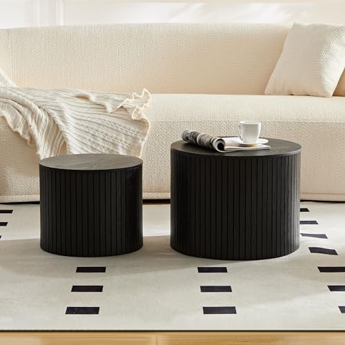Round Nesting Coffee Table Set of 2, Wood Side Tables with Storage | Fluted Walnut Accent and End Tables Sets, Mid Century Modern, Living room, bedroom, office, small spaces, Black - color: Black With Storage