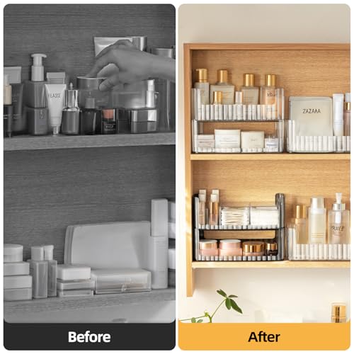 PAVSTINE 2-Tier Stackable Medicine Cabinet Organizer, Narrow Bathroom Makeup Organizer with Lipstick Holders & Cotton Swab Cases, Clear Countertop Shelf for Mirror Cabinet and Vanity - size: 2-Tier-Clear