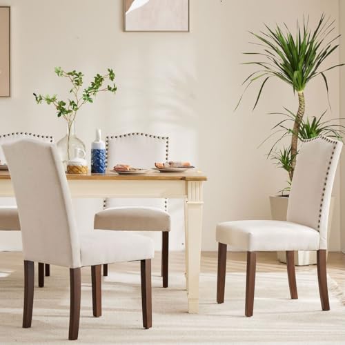 Kitchen Chairs Set of 2 Modern Upholstered Fabric Seat with Nailhead Trim and Ergonomic Lumbar Support for Living Room and Rustic Farmhouse Dining Area, Beige - color: Ivory, style: set of 2