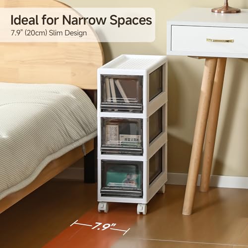 Plastic 3 Drawer Storage Organizer, Narrow Plastic Storage Drawers with Wheels, Storage Cart with Drawers for Small and Narrow Space, 7.87-inch Wide (gray)