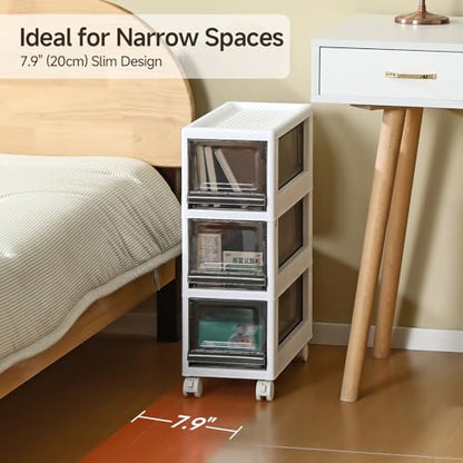 Plastic 3 Drawer Storage Organizer, Narrow Plastic Storage Drawers with Wheels, Storage Cart with Drawers for Small and Narrow Space, 7.87-inch Wide (gray)