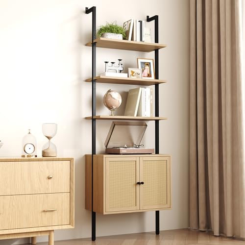 Yusong 73" Tall Bookshelf with Cabinet, Industrial Ladder Wall Mount Shelf Rattan Bookcase with Wood and Metal Frame, Plant Shelf Wall Storage Display for Living Room Bedroom,Light Ivory Brown - color: Light Brown