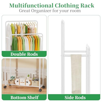 Simple Trending Clothing Clothes Rack, Double Rod Garment Rack, White | Portable Closet with Bottom Shelf, Anti-Slip Stoppers, 360° Lockable Wheels, Multiple Uses, Bedroom, Laundry Room - color: White