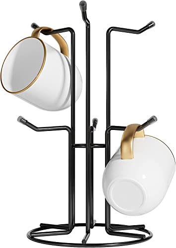 HULISEN Mug Tree for Large Cups, 6 Hook Countertop Coffee Mug Holder, Black | Cup Rack for Counter, Stable Wide Base, Metal Stand for Kitchen Coffee Bar Display, Space-Saving, No Assembly Required - color: Black