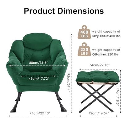Lazy Chair with Ottoman, Modern Accent Lounge Chair with Side Pocket and Armrests, Cozy Reading Armchair with Footrest, Upholstered Sofa Chair for Small Spaces, Bedroom Living Room, Green - color: Green