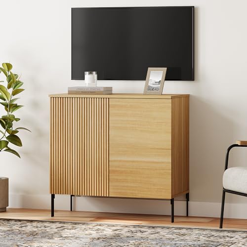 WAMPAT 31.5" W Fluted TV Stand TVs up to 35", Modern TV Entertainment Center with Storage and Adjustable Shelves, Wood Media TV Consoles Table with Storage for Living Room, Oak - color: Oak, size: 31.5" W
