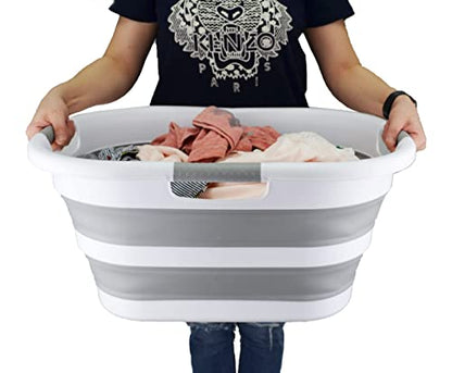 SAMMART 40L (10.5 gallon) Collapsible Plastic Laundry Basket - Foldable Pop Up Storage Container/Organizer - Portable Washing Tub - Space Saving Hamper/Basket (1, White/Grey) - color: White/Grey