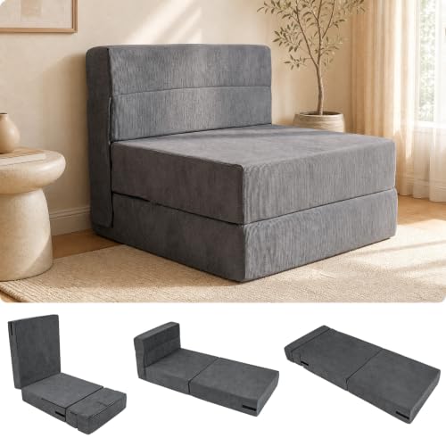 KOMFOTT Convertible Folding Sofa Bed, 4-in-1 Fold Out Sleeper Chair | Floor Sofa with Corduroy Cover, Smooth Zipper & Hook and Loop Fasteners for Living Room, Bedroom, Guest Room, Dark Grey