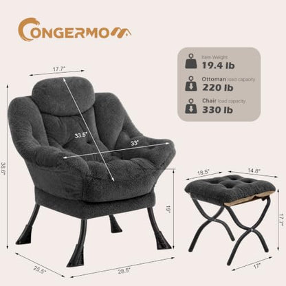 Lazy Chair with Folding Ottoman,Leisure Sofa Chair,Soft Fabric Armchair with Armrests and Side Pockets, Reading Chair with Footrest for Living Room, Bedroom, Office (Plush Dark Grey) - color: Plush Dark Grey