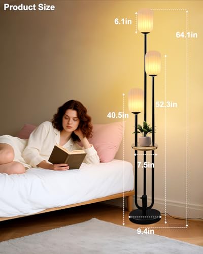 Lightdot Black Dimmable Floor Lamp with Shelf Modern Floor Lamps with Oval Striped Lampshade & Bulb Included 3-Lights Tall Lamp with 5Lbs Heavy Base for Living Room/Bedroom/Sofa Beside/Corner Decor