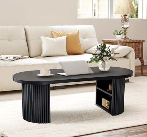 Oval Fluted Coffee Table, 47" Farmhouse Wood Coffee Table Mid Century Modern Center Table Boho Living Room Tables for Living Room Office,Black - color: Black, size: 19.69"D x47.2"W x 15.74"H